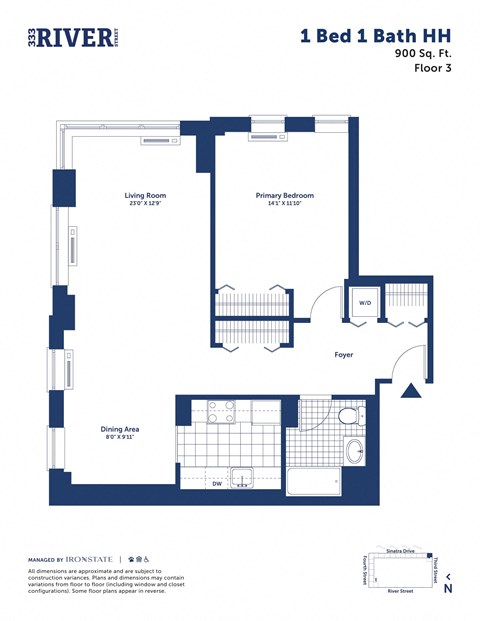 Floor plan for 1 bed, 1 bath, 900 sqft